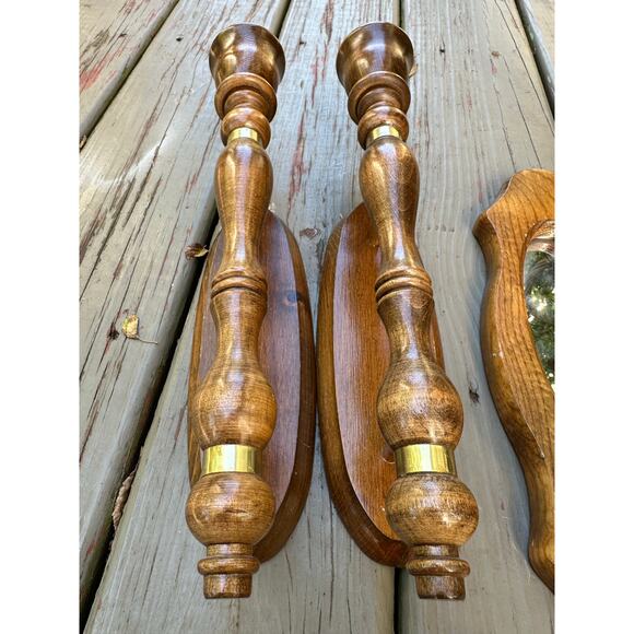 Vintage Mirrored Candle Sconces candleholders set of three wood wooden retro - Picture 7 of 16